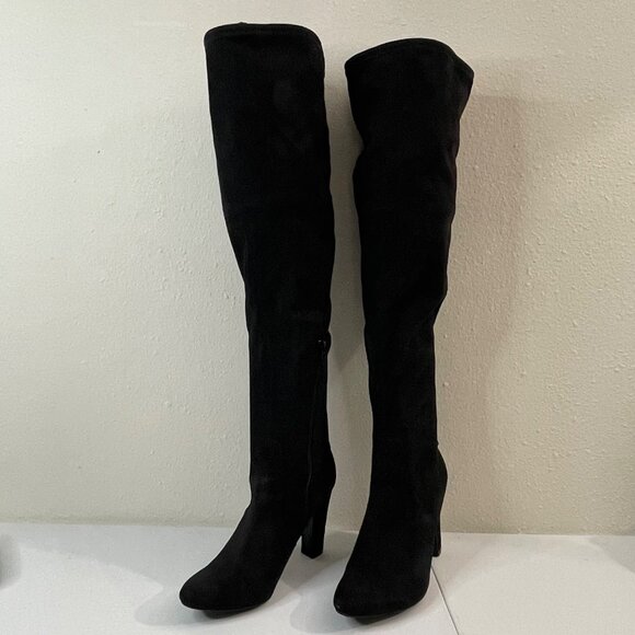 Unisa Black Faux Suede Over-The-Knee Boots With Side Zipper & Drawstring - Picture 3 of 12